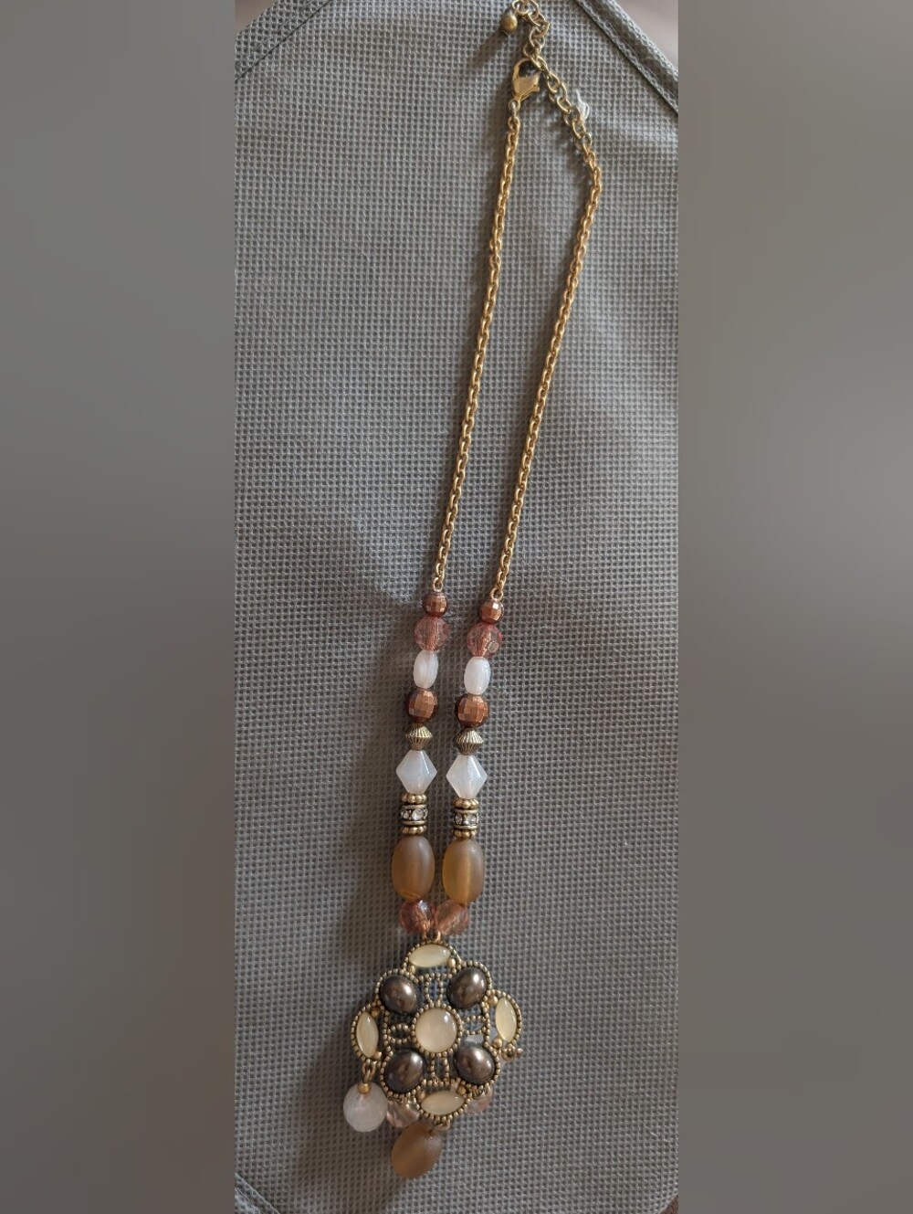 Gold-Tone Beaded Pendant Necklace with Cream and Brown Accents